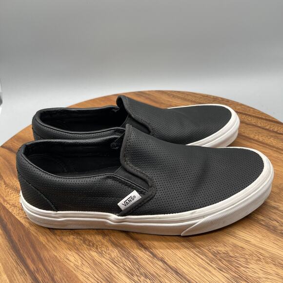 Vans Asher Shoes Mens Size 7.5 Black Leather Perforated Slip On Casual Sneakers - Picture 1 of 8